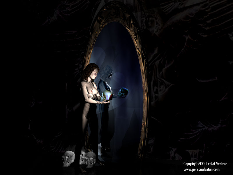 Digital art showing figures gathered around a doorway in a dark forest