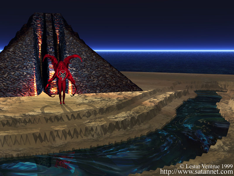 Digital art showing a red figure beside a pyramid and illuminated water