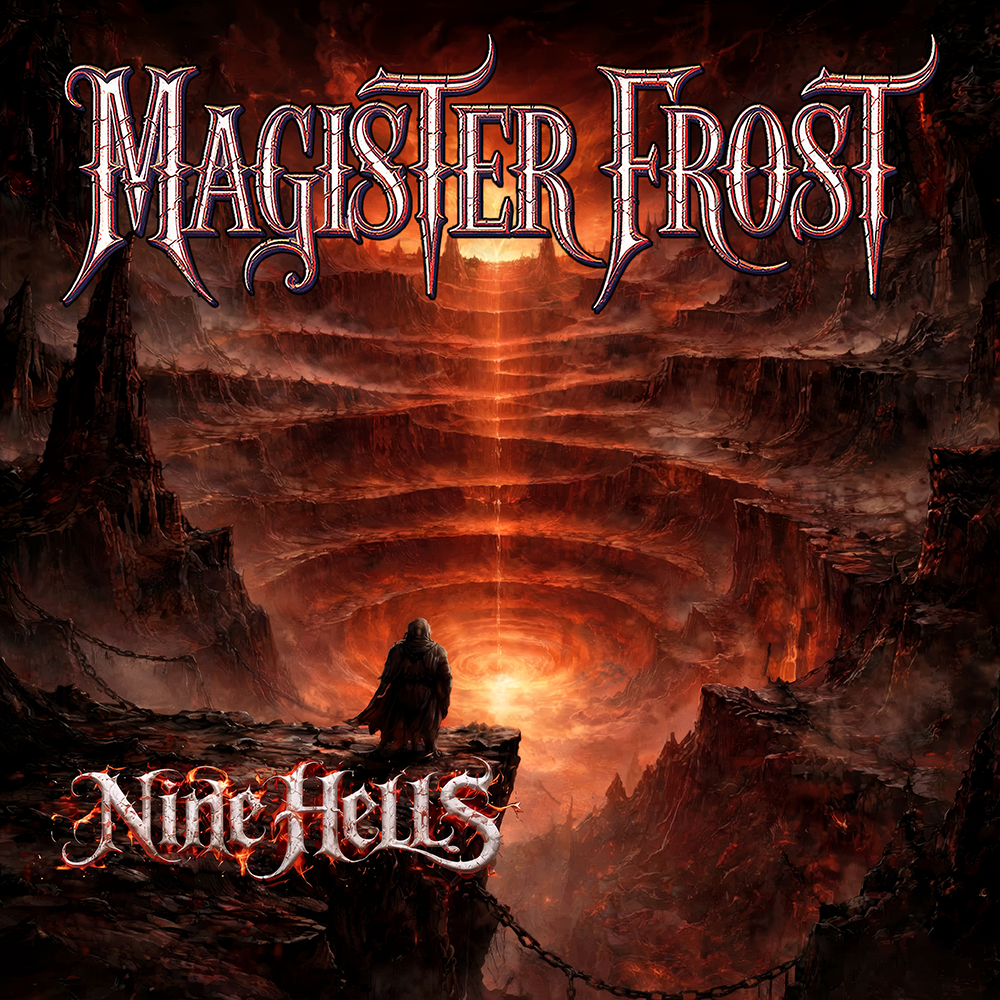 Nine Hells full album cover by Magister Frost: a lone figure overlooking nine burning circles